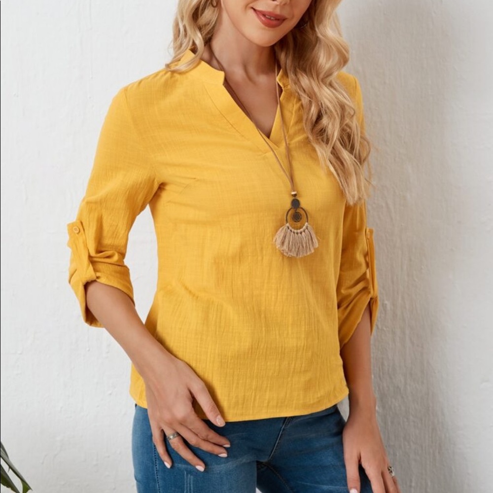 Emery Rose Notched Neckline Roll Tab Sleeve Blouse